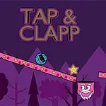 Et spillscenebilde med ordene Tap & Clapp over plattformer, en blå kule, stjerne og en rosa firkant med ansikt, mot en lilla skogbakgrunn
