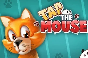 En oransje tegneserie-katt med store øyne ved siden av teksten Tap the Mouse på en blå bakgrunn