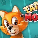 En oransje tegneserie-katt med store øyne ved siden av teksten Tap the Mouse på en blå bakgrunn