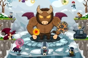 En stor minotaur med horn og vinger står på en plattform omgitt av seks figurer med ulike våpen og evner på en snødekt bakgrunn