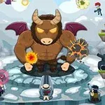En stor minotaur med horn og vinger står på en plattform omgitt av seks figurer med ulike våpen og evner på en snødekt bakgrunn