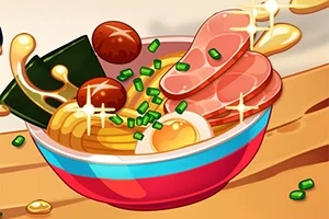 Fargerik illustrasjon av en skål med ramen, inkludert skiver av kjøtt, egg, grønnsaker og nudler