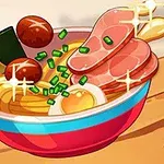 Fargerik illustrasjon av en skål med ramen, inkludert skiver av kjøtt, egg, grønnsaker og nudler