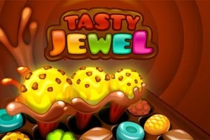 Fargerike iskremskåler og søtsaker med teksten Tasty Jewel i bakgrunnen