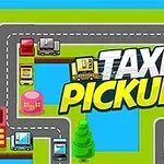 Tegneseriegrafikk av en vei med biler og trær rundt et vann, pluss teksten Taxi Pickup i midten
