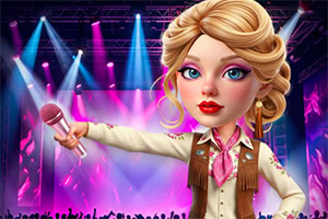 Blond kvinnelig sanger med mikrofon på en fargerik konsertscene med rosa og blå spotlys