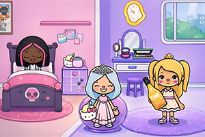 To figurer i et fargerikt soverom med pastellfarger, hvor en person sover i sengen og den andre står med en flaske