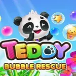 En glad panda omgitt av fargerike bobler, blomster og tekst med ordet Teddy Bubble Rescue