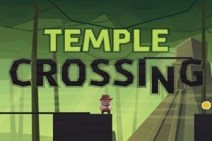 En tegnet figur med hatt står på kanten av en plattform i en skog med teksten Temple Crossing over