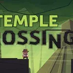 En tegnet figur med hatt står på kanten av en plattform i en skog med teksten Temple Crossing over