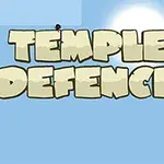 Stor tekst Temple Defence i tegneseriestil på en blå himmel bakgrunn med solen i toppen