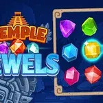 Fargerike edelstener på et spillbrett med en dekorativ ramme og teksten Temple Jewels i bakgrunnen