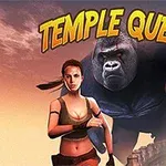 En eventyrer står foran en gigantisk gorilla med teksten Temple Quest over dem