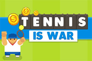 Tegneseriefigur med tennisracket og ordet Tennis Is War omgitt av mynter på en grønn og blå bakgrunn