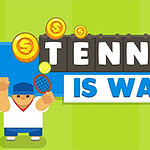 Tegneseriefigur med tennisracket og ordet Tennis Is War omgitt av mynter på en grønn og blå bakgrunn