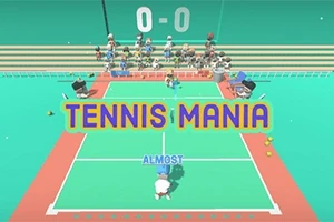 Tegneserieaktig tennisbane med skriften TENNIS MANIA og tilskuere i bakgrunnen
