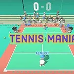 Tegneserieaktig tennisbane med skriften TENNIS MANIA og tilskuere i bakgrunnen