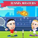 To tegneseriefigurer spiller tennis på en bane med en brennende tennisball i luften og et banner med teksten Tennis Masters over