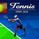 En illustrasjon av en tennisspiller i aksjon på en fargerik bane med teksten Tennis Open 2020 øverst