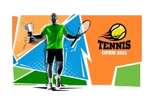 En person i sportsutstyr holder et trofé i den ene hånden og en tennisracket i den andre, mot en fargerik bakgrunn med teksten Tennis Open 2021