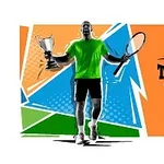 En person i sportsutstyr holder et trofé i den ene hånden og en tennisracket i den andre, mot en fargerik bakgrunn med teksten Tennis Open 2021