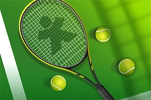 Tennisracket og flere tennisballer på en grønn bakgrunn