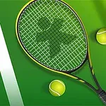 Tennisracket og flere tennisballer på en grønn bakgrunn