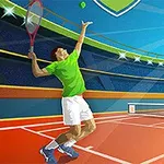 En illustrasjon av en tenniskamp med to spillere, hvor den ene serverer på en rød tennisbane i solskinn