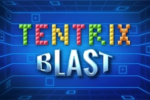 Fargerik tekst TENTRIX BLAST mot en bakgrunn med blått gittermønster