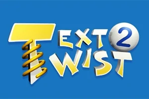 Logoen viser teksten Text Twist 2 med gul og hvit grafikk mot en blå bakgrunn, hvor bokstavene har en spiralformet effekt på bokstaven T