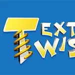 Logoen viser teksten Text Twist 2 med gul og hvit grafikk mot en blå bakgrunn, hvor bokstavene har en spiralformet effekt på bokstaven T
