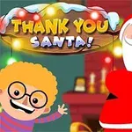 En tegning av nissen og et barn med briller foran en peis med teksten Thank You Santa!