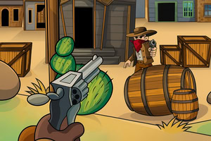En tegneserieaktig western-scene med en cowboy som peker en pistol mot en annen person som også holder en pistol, omringet av kaktuser, tønner og trebygninger