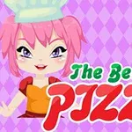 En tegnet figur med rosa hår og kokkehatt står ved siden av teksten The Best Pizza på en lilla rutete bakgrunn