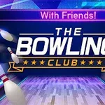 Bowlingkjegler svever foran en bowlingbane med teksten The Bowling Club og With Friends!