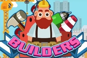 En illustrasjon av en tegneseriebygger med skjegg og vernehjelm omgitt av verktøy og byggeutstyr, med ordet BUILDERS i store bokstaver