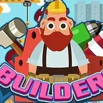 En illustrasjon av en tegneseriebygger med skjegg og vernehjelm omgitt av verktøy og byggeutstyr, med ordet BUILDERS i store bokstaver