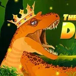 Illustrasjon av en dinosaur med krone i jungelen, omgitt av grønn vegetasjon, med teksten The Dino King i gullbokstaver