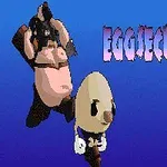 To figurer i et blått landskap, en maskert figur med klubbe og en eggformet karakter med armer og ben, med teksten Eggsecutioner i bakgrunnen