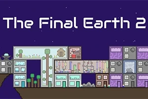 Pixelert bybilde om natten med futuristiske bygninger og teksten The Final Earth 2 i toppen