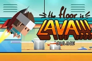 En tegneseriefigur med jetpack hopper ved siden av en fargerik tekst som sier The floor is Lava!