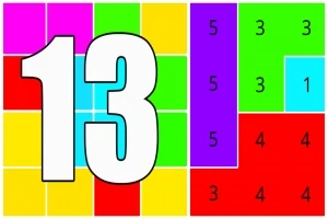 Fargerik mosaikk av tetris-lignende blokker med tallet 13 i forgrunnen