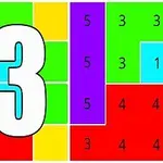 Fargerik mosaikk av tetris-lignende blokker med tallet 13 i forgrunnen