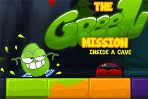 Grønn animert figur med sneakers står ved siden av teksten The Green Mission Inside a Cave på en fargerik bakgrunn