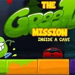Grønn animert figur med sneakers står ved siden av teksten The Green Mission Inside a Cave på en fargerik bakgrunn