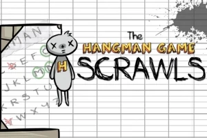 En enkel tegneseriefigur henger ved siden av teksten The Hangman Game Scrawls på en rutete bakgrunn med bokstaver