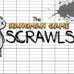 En enkel tegneseriefigur henger ved siden av teksten The Hangman Game Scrawls på en rutete bakgrunn med bokstaver