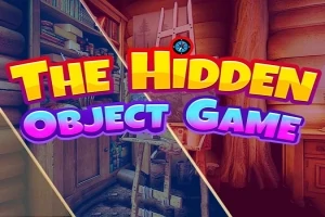 Fargerik illustrasjon med teksten The Hidden Object Game over et delt bilde av forskjellige romscener med bøker og en stige