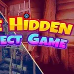 Fargerik illustrasjon med teksten The Hidden Object Game over et delt bilde av forskjellige romscener med bøker og en stige