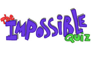 Teksten The Impossible Quiz vises i fargerik og stilisert grafikk med bokstaver i lilla, rød og grønn